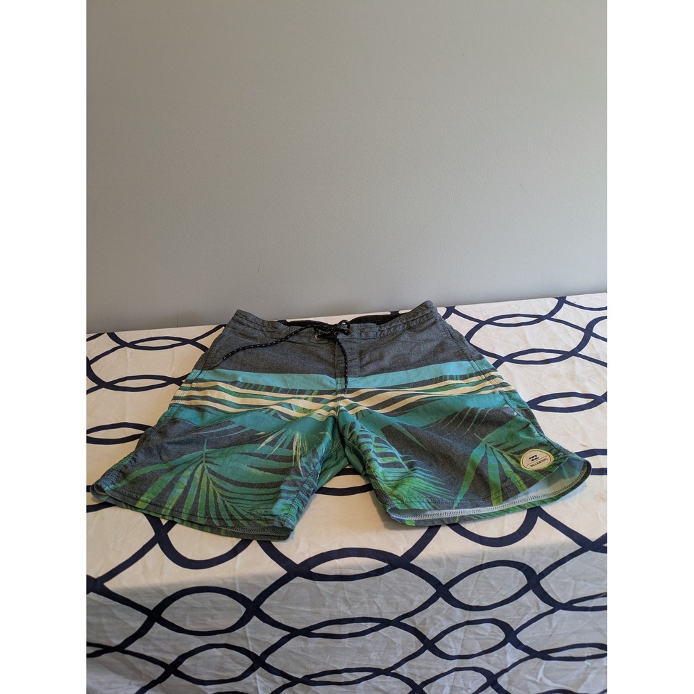 Billabong Mens Board Shorts Size 28 Gray Teal Tropical Palm Print Swim Trunks